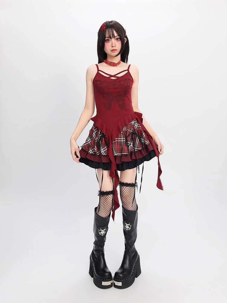 Karierter Stufenrock und rot-schwarz-weiße Schleifendekoration Y2K /
