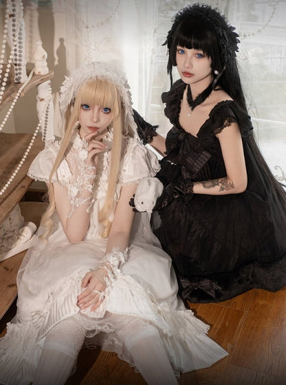 Black Lace Flutter Sleeve JSK with Pearl Bowknot - Kuroya