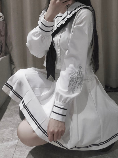 Sailor Set- Sleeves Uniform White Navycore JK Embroidered Collar Top Pleated Long Skirt +