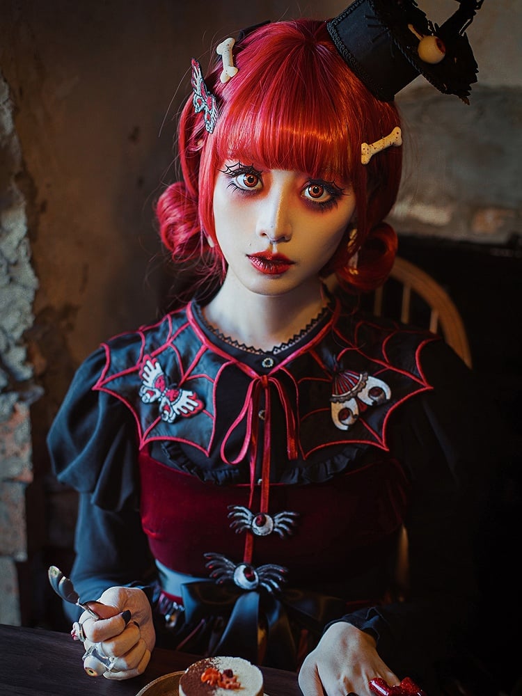 and with Detachable Spider Web Embroidery Organza Brooch Red Butterfly Fake Collar Black Moth