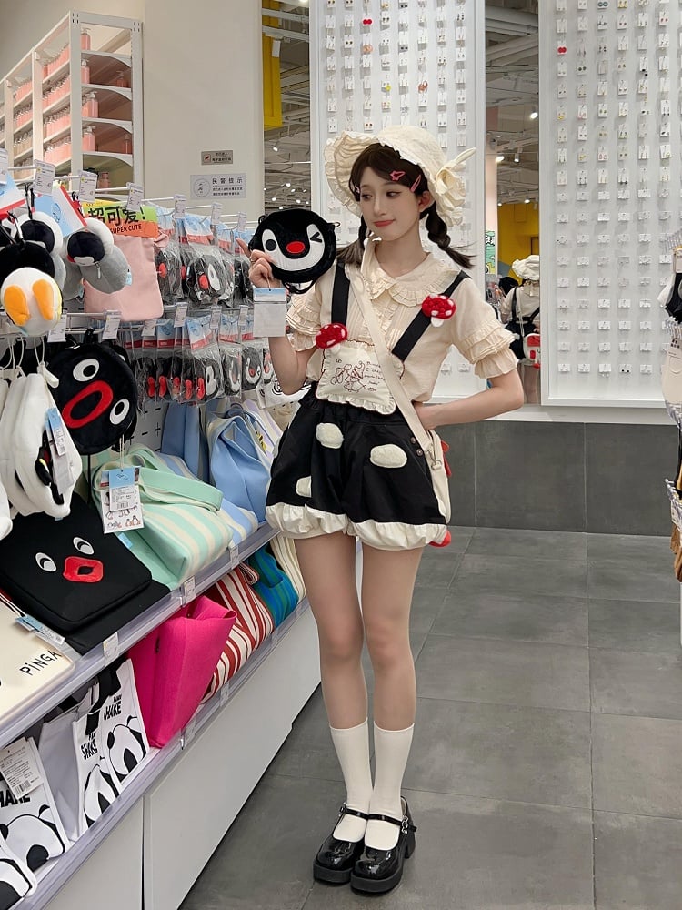 Mushroom Sweet Bubble Fleece Short Lolita White Straps Spot with Applique Black Detachable
