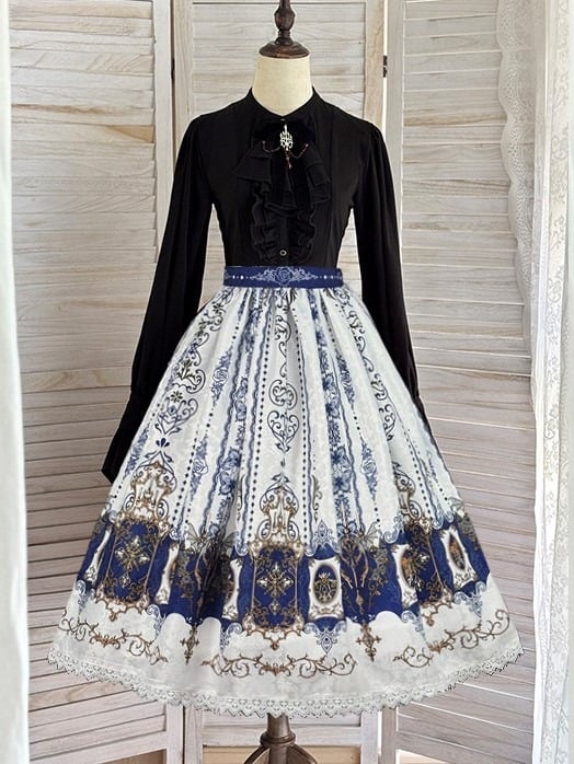 Dark Lace Blue Bat Wings with White Gothic Candelabras Trim Lolita Skirt Print