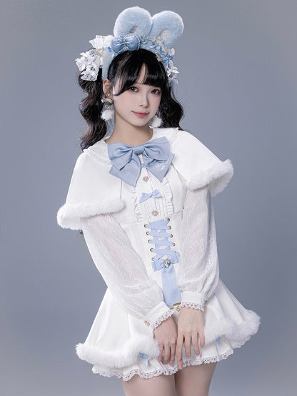 White Landmine Dress Blue Matching Shorts Plush Set Bunny Bow Ear Brooch Style Full Cape Lace +