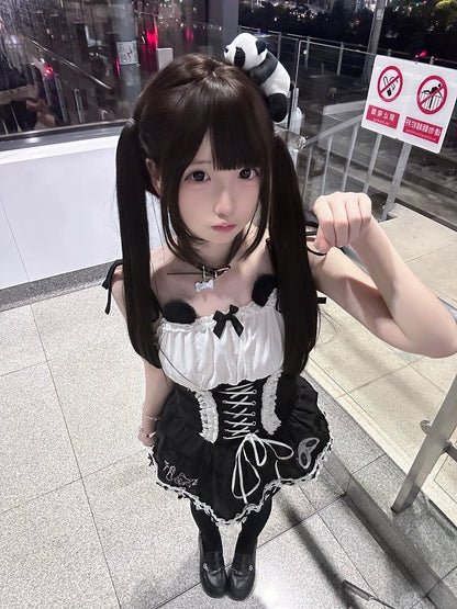 Bear and with White Lace-Up Details Dress Bowknot Black Ears