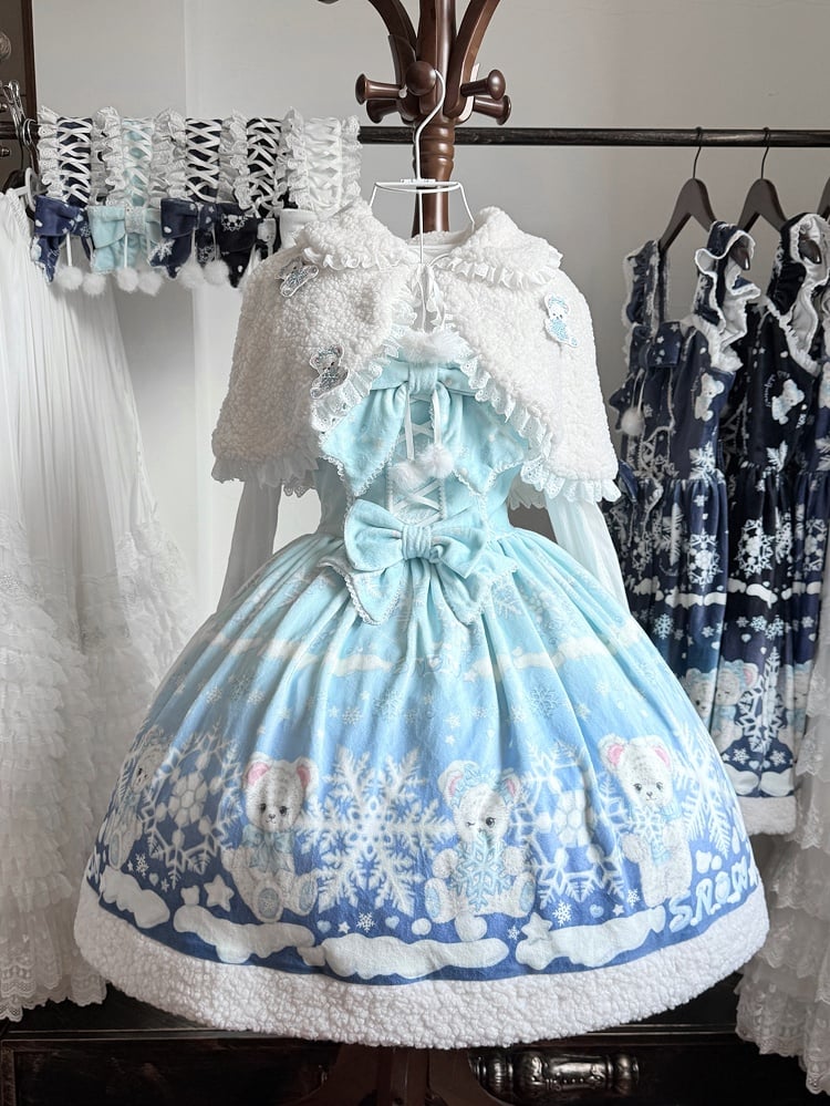 Sweet Winter Lolita Snowy Teddy Print Light Blue Gradient Lolita JSK Full Set