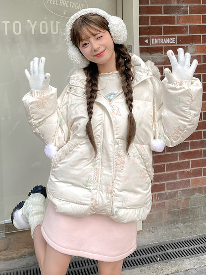 Süße weiße Daunenjacke mit Kapuze und Lamm-Print, kurze/lange Version