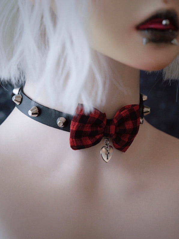With Red Plaid Black And Pattern Pendant Heart Bowknot Choker