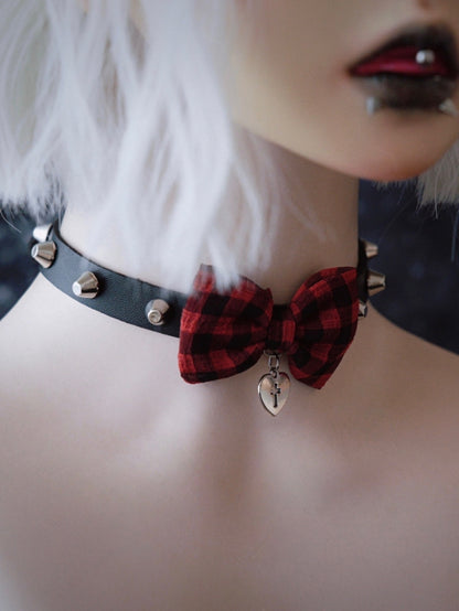 With Red Plaid Black And Pattern Pendant Heart Bowknot Choker
