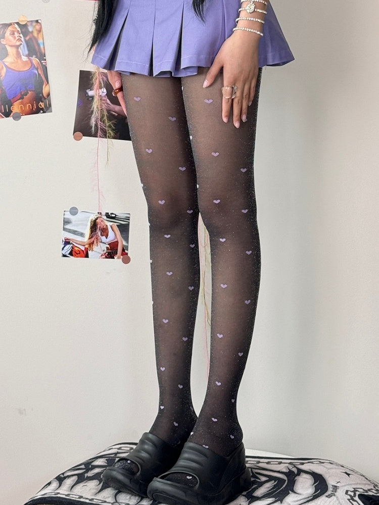 Heart Tights Pattern BlackPurple/GrayPink