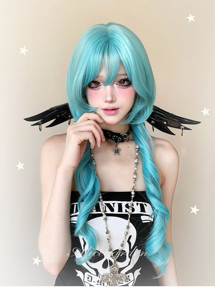 Blue 78cm Long Roman Curly Wig with Full Bangs - Alice Garden