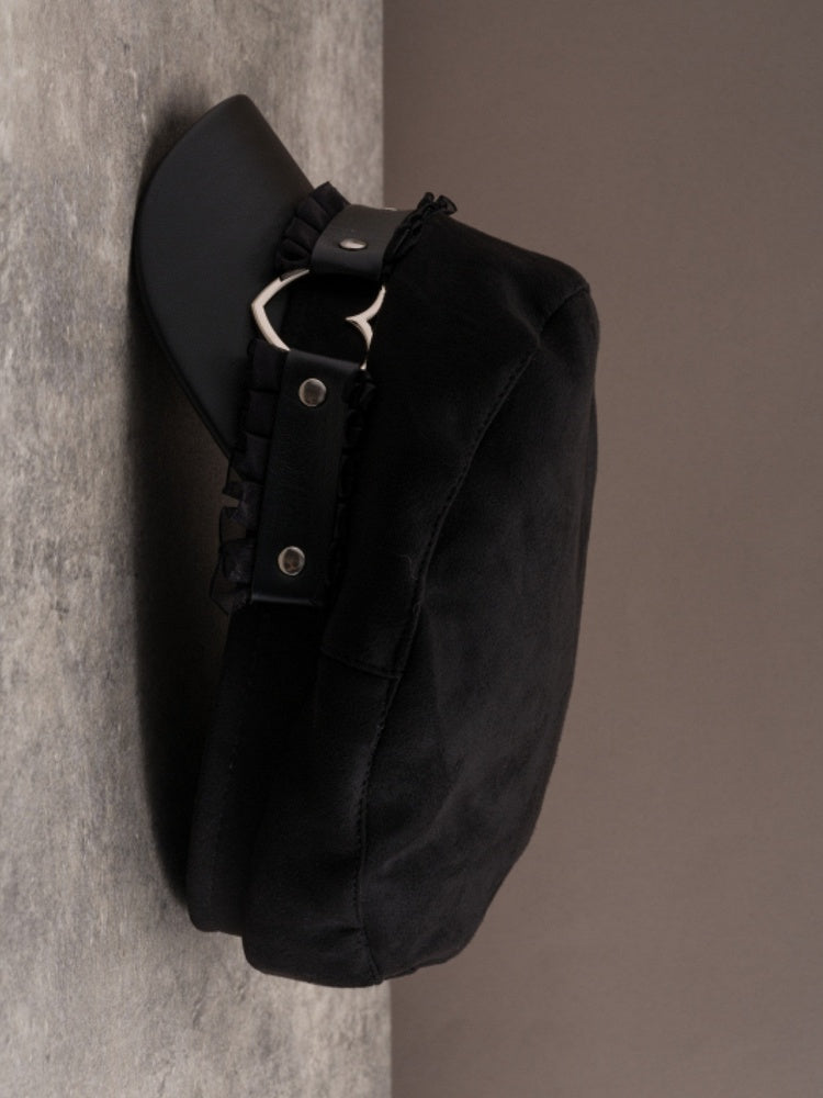 Beret Black Trim Gothic Hat Ruffled Pin Decorated