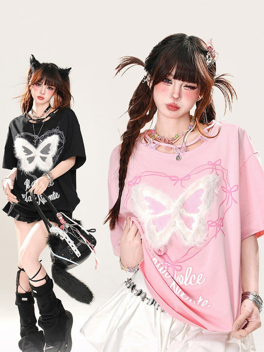 Butterfly Design Neckline Plush Butterfly Pink/Black Graphic T-shirt