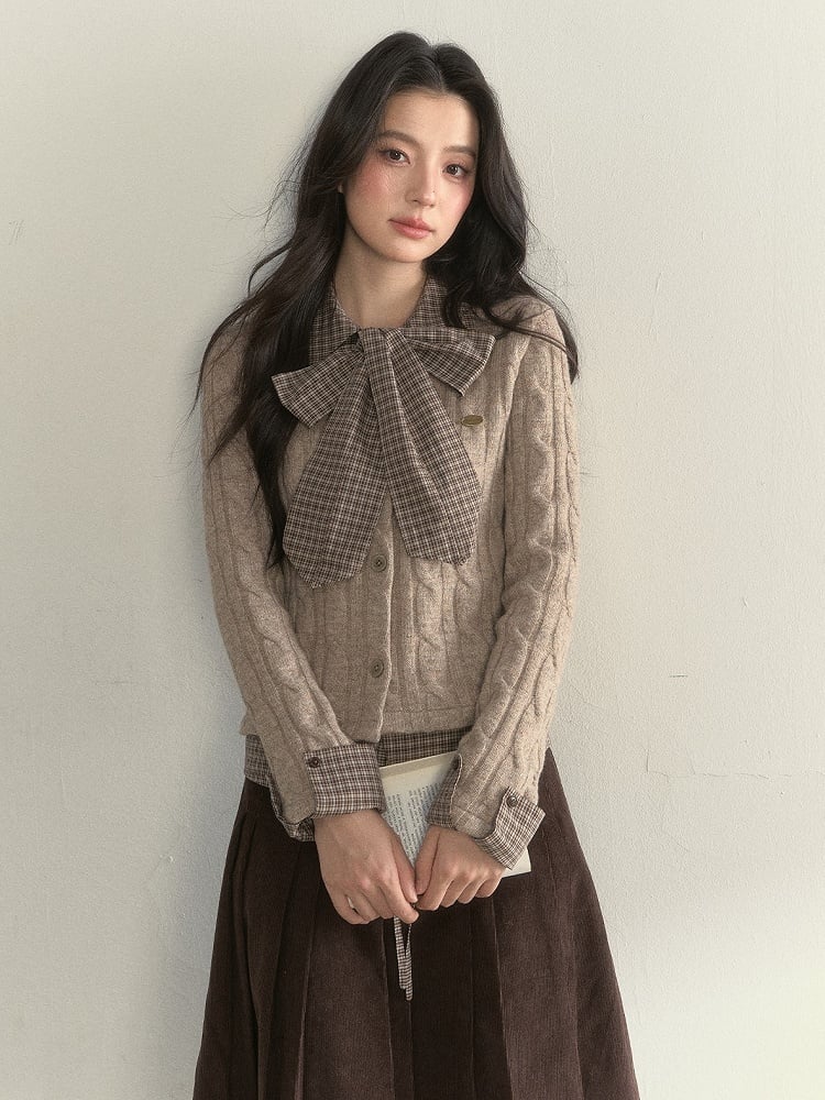 Plaid Faux Two-piece Khaki Vintage Elegant Sweater