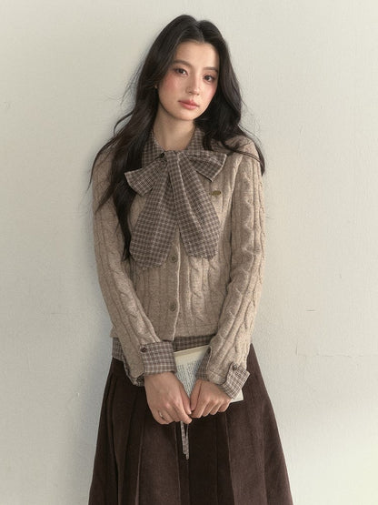 Plaid Faux Two-piece Khaki Vintage Elegant Sweater