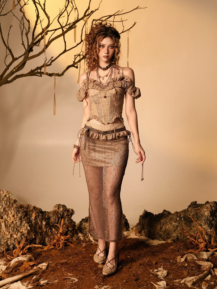 Brown Bodycon Skirt with Mesh Overlay and Belt - Virtual Orbit