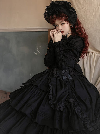 Heart-shaped Lolita Version Bowknots Black Dress and with Long JSK Ruffled Gothic Decoration