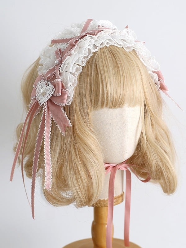 Hairband Lolita Ruffled WhitePink With Sweet Bowknot Decorated Details Clips Beaded
