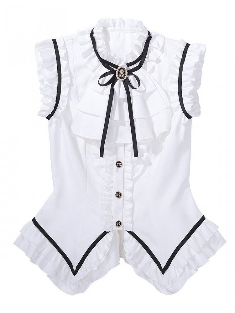 Sleeveless Elegant Lolita Top with Ruffle Detail & Bow Accents in Black & White - Xiong Dou Jiang