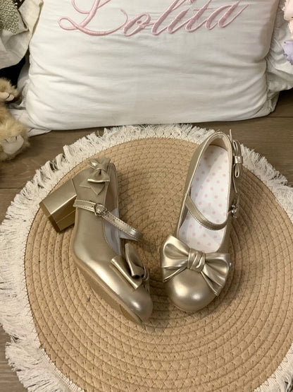 Golden Mid-heel Mary Jane Shoes with Heart-shaped Snap and Bow Accents