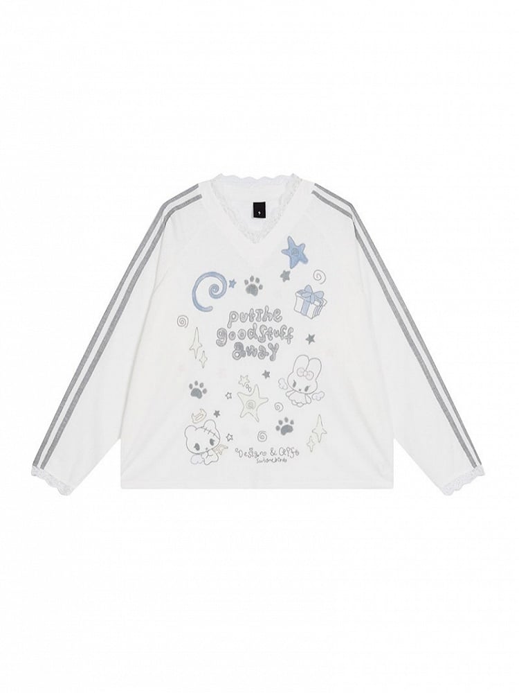 White/Blue Sheer Lace V-Neck Long Sleeve Top with Cartoon Print - Solkatt