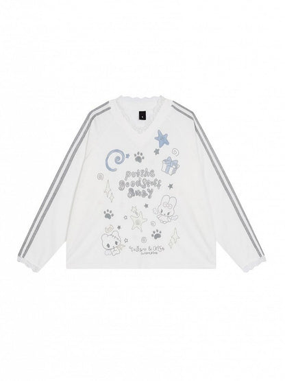 White/Blue Sheer Lace V-Neck Long Sleeve Top with Cartoon Print - Solkatt