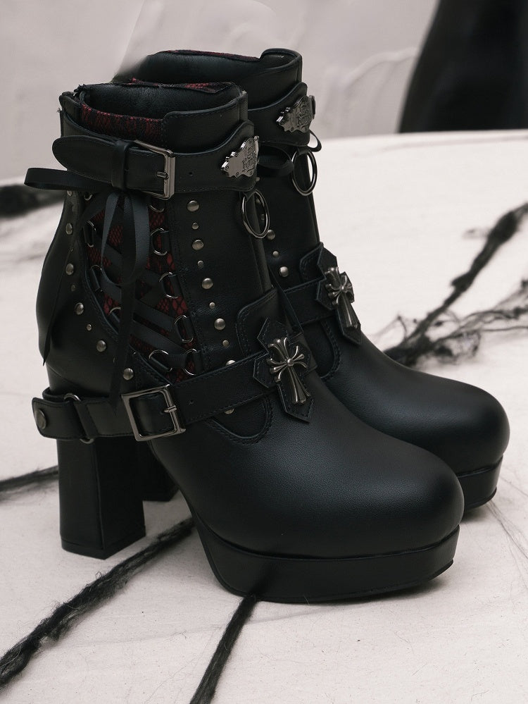 Gothic Lacing Crisscross Studded System PU Dual Black Fastening Boots Details - with High-heel Ankle