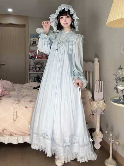 Lace Trim Long Sleeve OP Dress with Ruffles, Blue Lolita Style - Hua Xia Miao