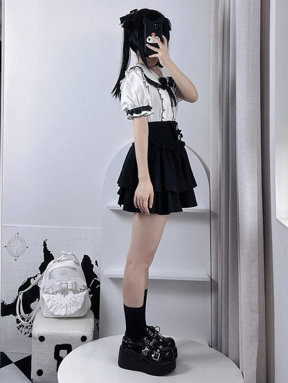 Tiered Skirt Rhinestones Embellished Jirai Kei Black/White/BlackWhite Heart