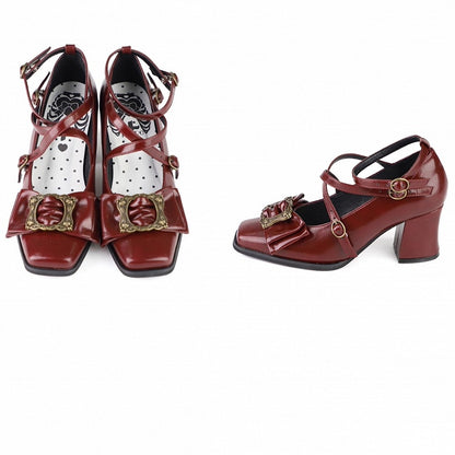 Crisscross Mid-heel Square Shoes Fashion Wine Design - Red 1990s Toe Vintage