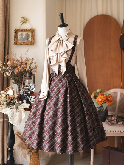 Preppy Tonal Style Plaid Overall Skirt Tie Vintage with High Red Waist