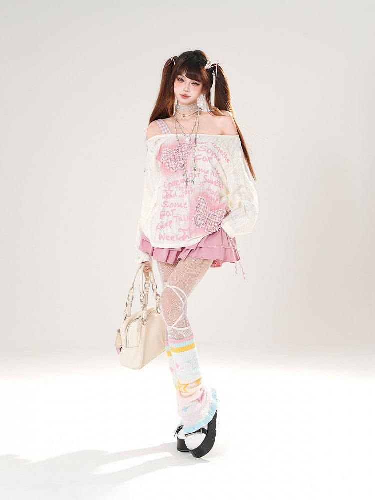 Off-the-shoulder Black/White Pink Plaid Butterfly Appliques