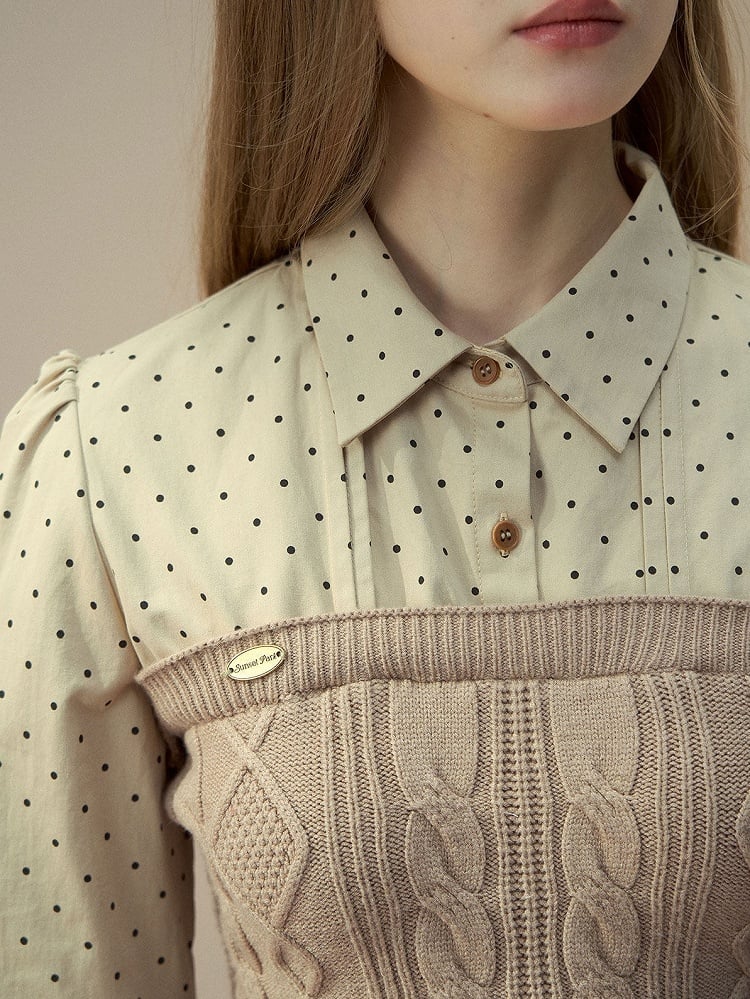 Dot Kint Polka Blouse Patchwork with Bow Tie Cable Khaki