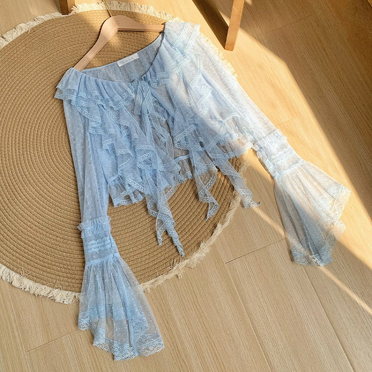 Cascading Top Trim Long Tulle Ruffle Sheer Dotted Blue Sleeves