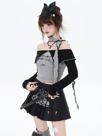 Grey Letters Off-the-shoulder Neckline Cropped Top with Free Scarf