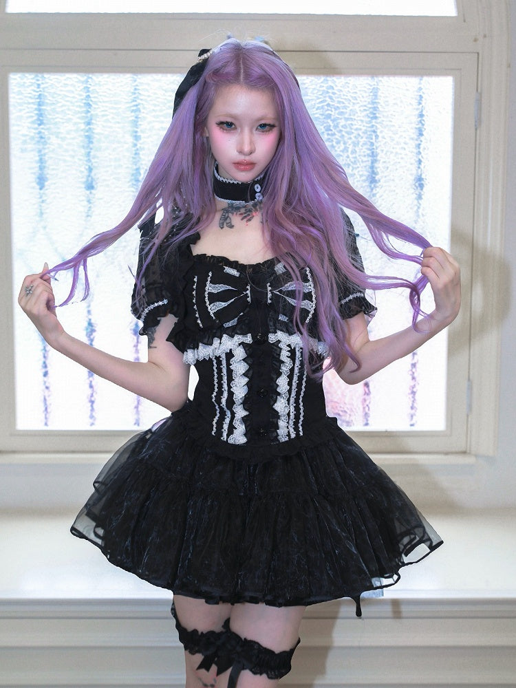 Jacquard Black Cami Top with Bow and Lace - HBreaker