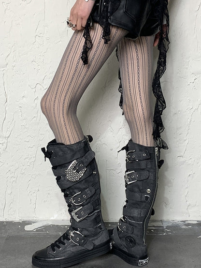 Hollow-out Tights Striped Pattern Gray Design Y2K