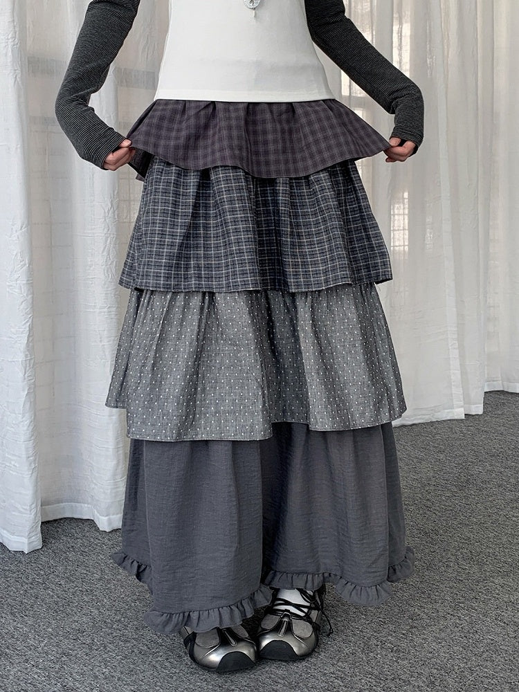 Dark Gray Plaid and Polka Dot Layered Ruffle Skirt - Solkatt