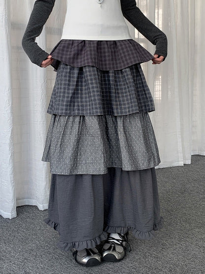 Dark Gray Plaid and Polka Dot Layered Ruffle Skirt - Solkatt
