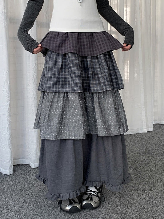 Dark Gray Plaid and Polka Dot Layered Ruffle Skirt - Solkatt