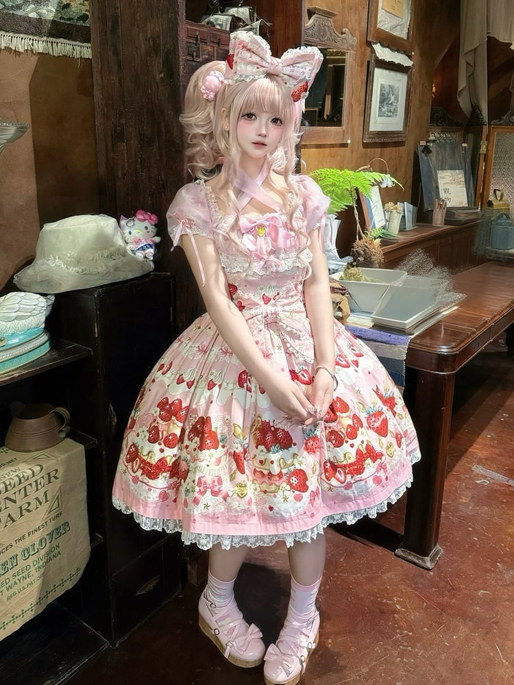 Rosa Printkleid Lolita Cake Kurze Ärmel Süße Erdbeere