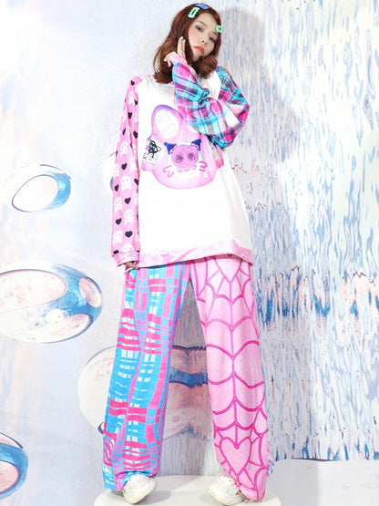 Plaid Pattern Y2K Web BluePink Flare Pants And Spider Silhouette