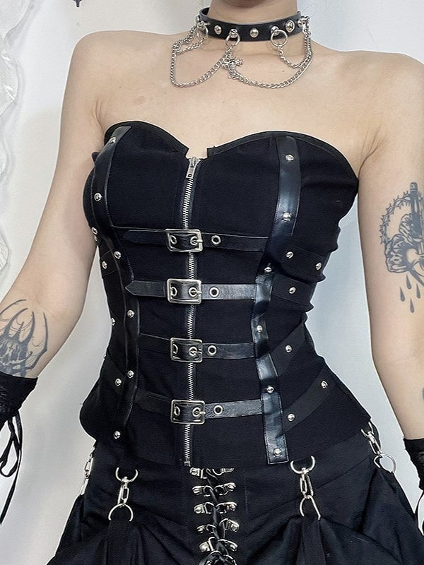 Straps Cyberpunk with Gothic Fishbone Halloween Zipper Bustier Buckle Vertical Black Adjustable