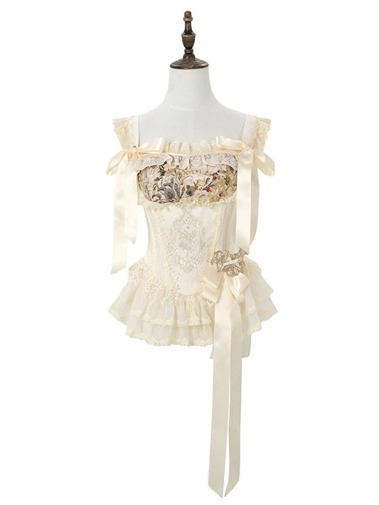 Vintage Light Beige Floral Boned Corset with Lace - Yimu Walnut
