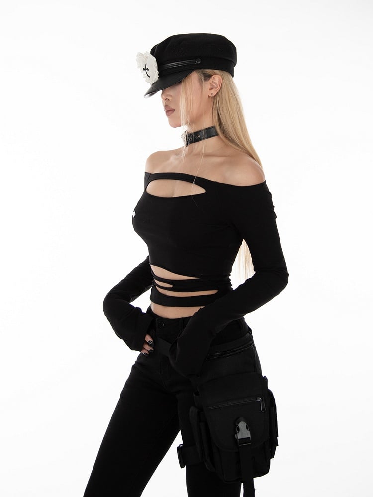 Top Black Off-Shoulder Punk with Distressed Rock Holes