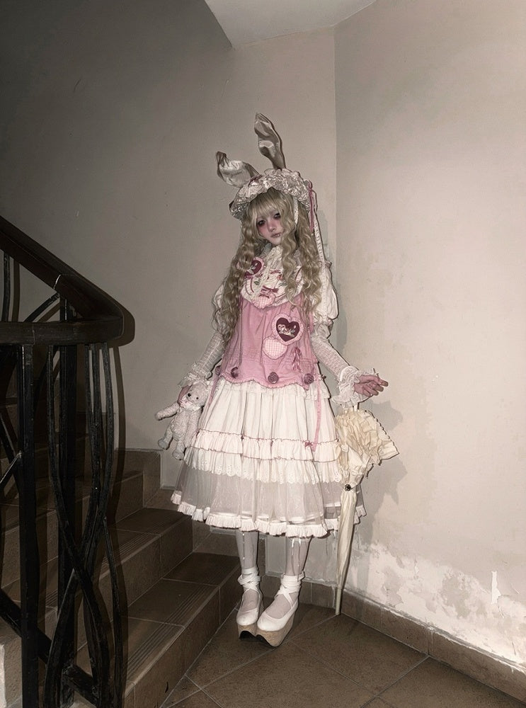 Rose Rosette Embroidered Sweet Lolita Bunny Ear Hooded Overdress with Heart Patches - Bodhi Original Design