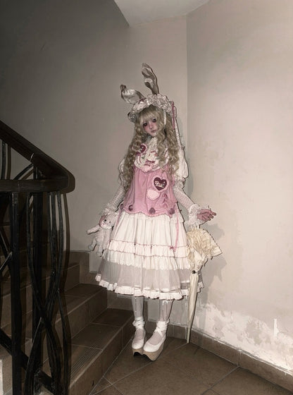 Rose Rosette Embroidered Sweet Lolita Bunny Ear Hooded Overdress with Heart Patches - Bodhi Original Design