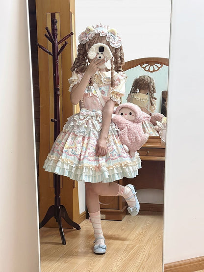JSK Sweet Hairclips Short-Sleeve Macaron Dress Bow + Color with and Blouse Set Print Ruffle Details Lolita Back Hairband Full Cake