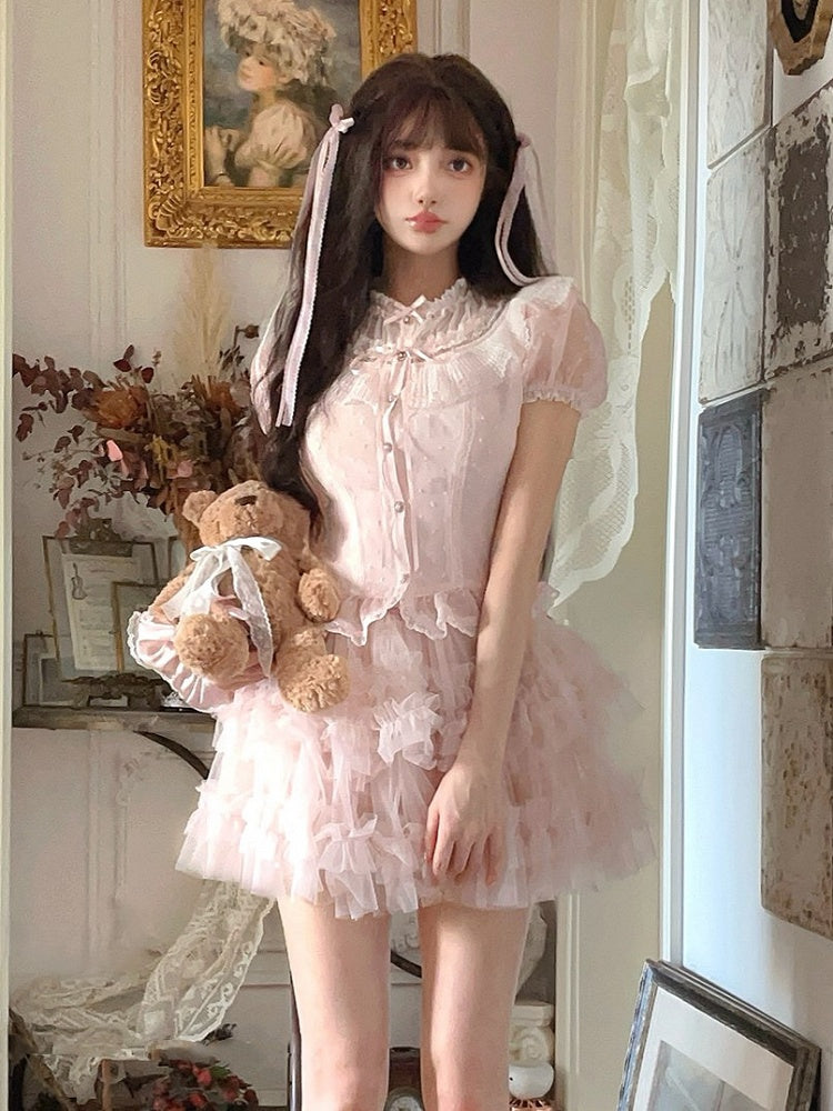 Puffärmel-Top Rosa Chiffon Polka Dot