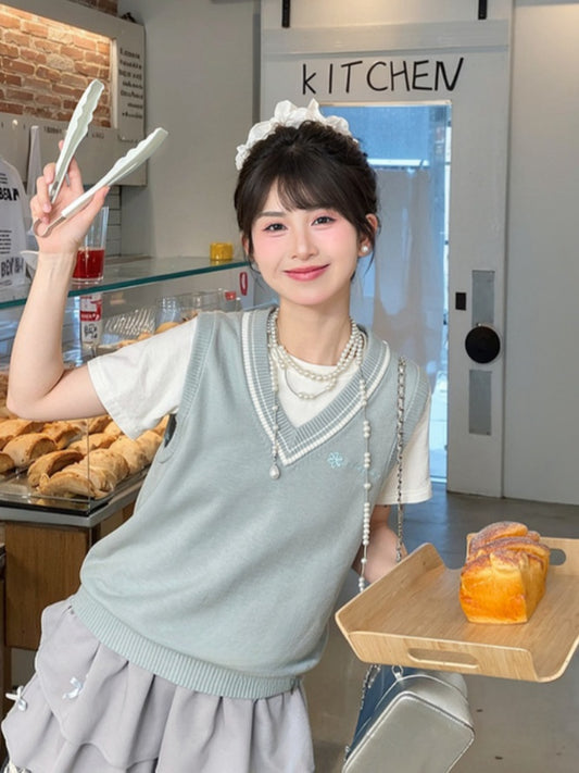 グリーンVネックプレッピーJK制服ニットベストライト