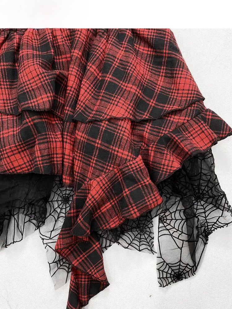 Red Plaid Handkerchief Hem Buckle Straps Strapless Glamorous Punk Dress